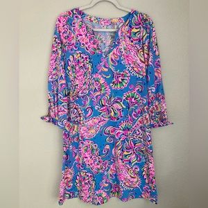 LILLY PULITZER Cath Dress Womens Medium Floral Multi Mermaid Grotto 3/4 Sleeve
